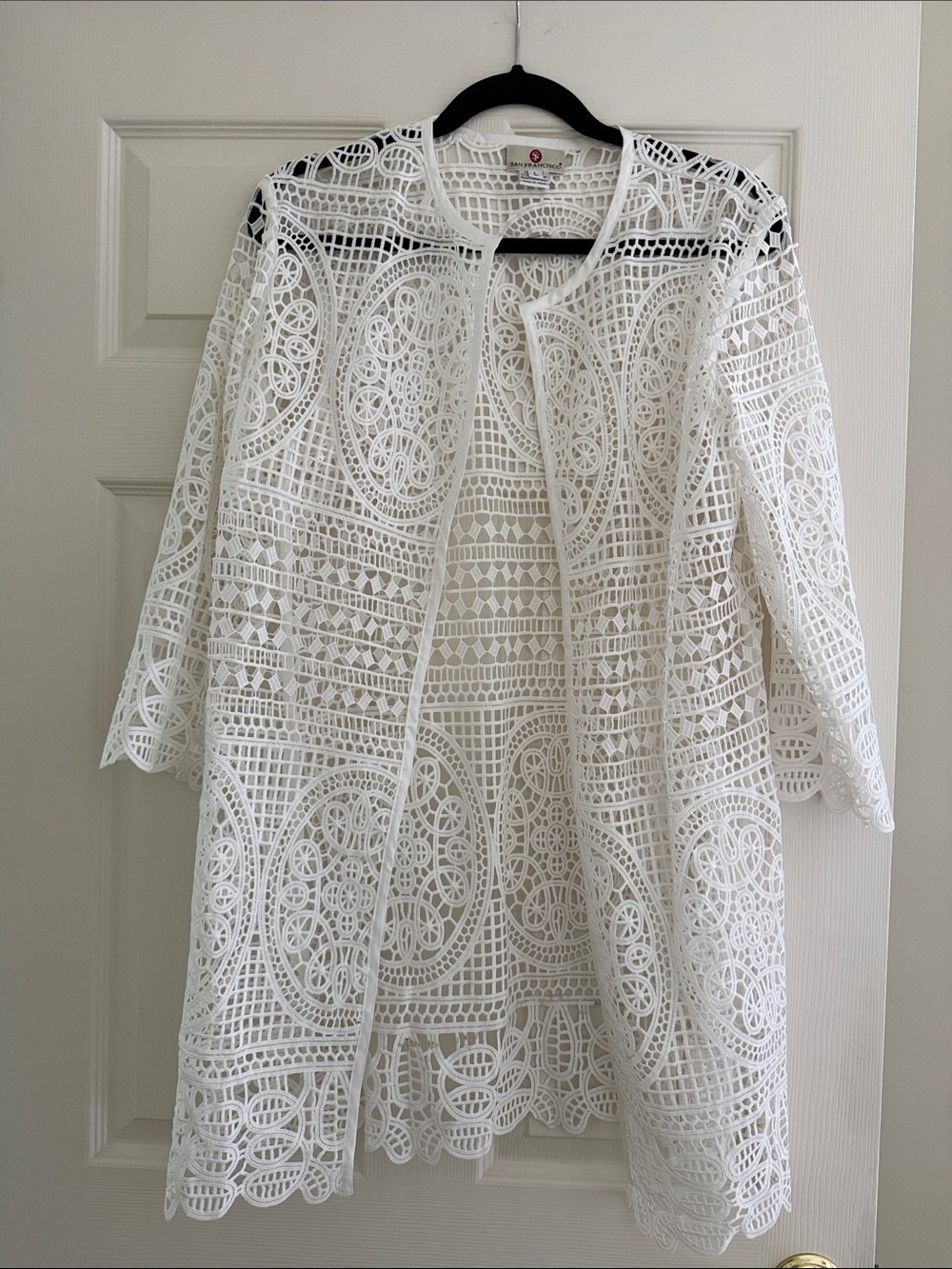 Women's White Crochet Open-Front Swim Cover-Up Jacket